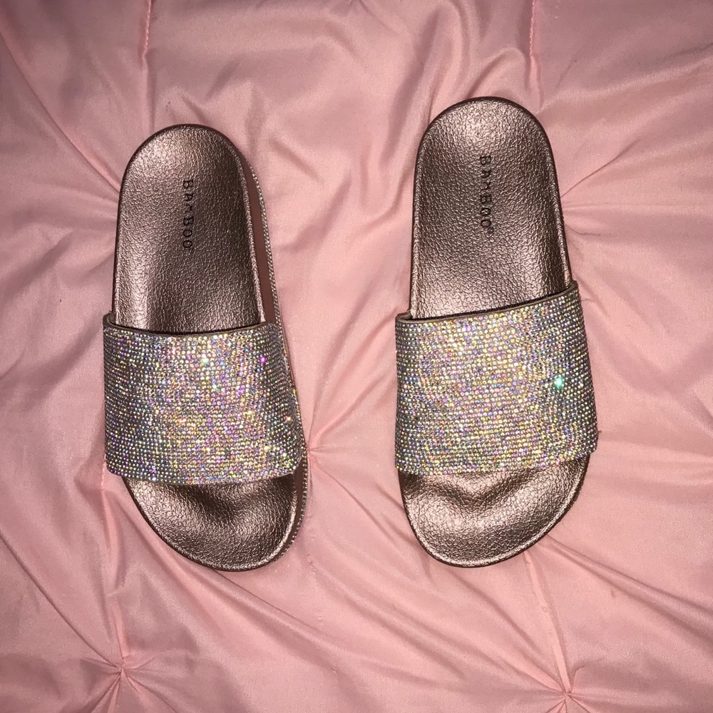 Fashion Nova rose gold rhinestone slides